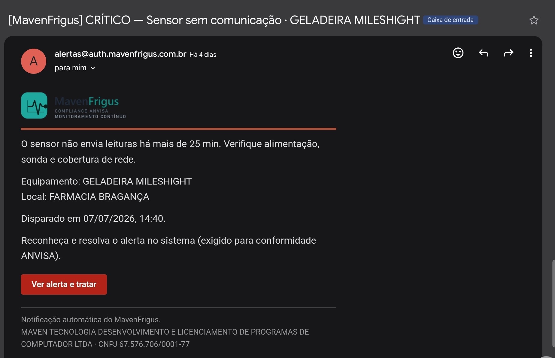 E-mail de alerta crítico do MavenFrigus: sensor sem comunicação, com equipamento, local, horário e botão para tratar